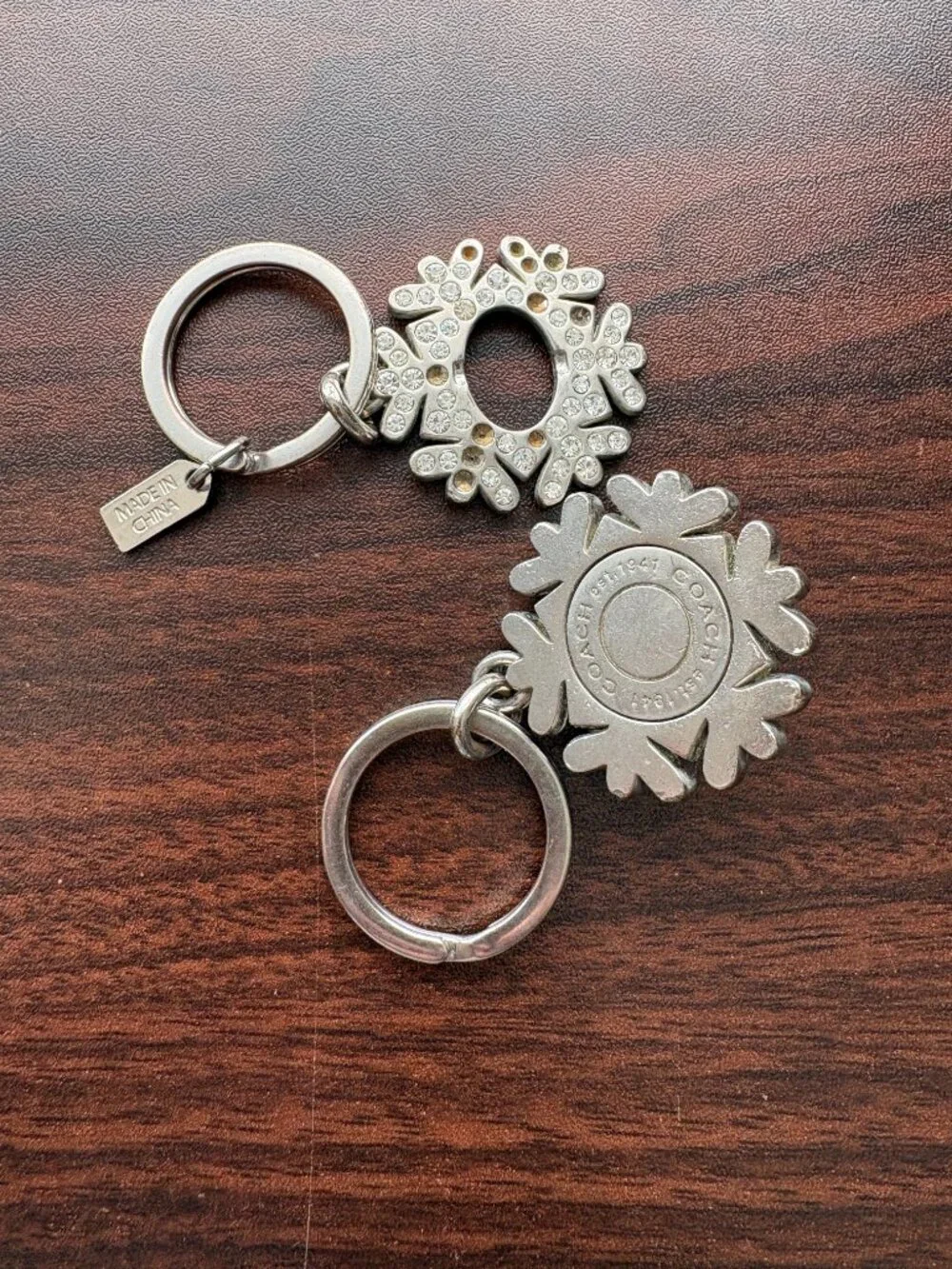 COACH Vintage Silver Crystal Snowflake Turnlock Detachable Valet Keychain Charm
